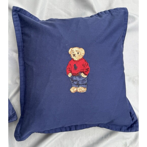 2 Ralph Lauren Polo Embroidered Sweater Bear Pillows With Down Inserts Blue READ - Picture 2 of 15